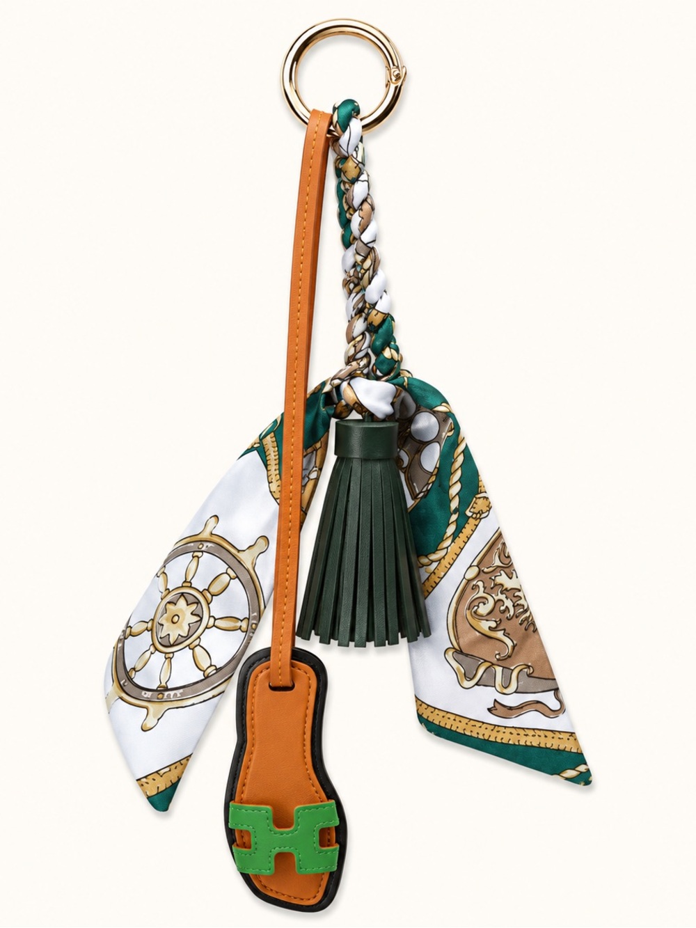 Green, Tan & White Scarf Tassel Key Charm with Gold Ring